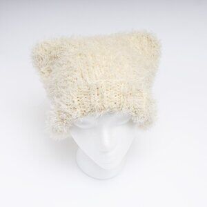 Hand Knit Adult Cream Faux Fur Cat Ear Beanie